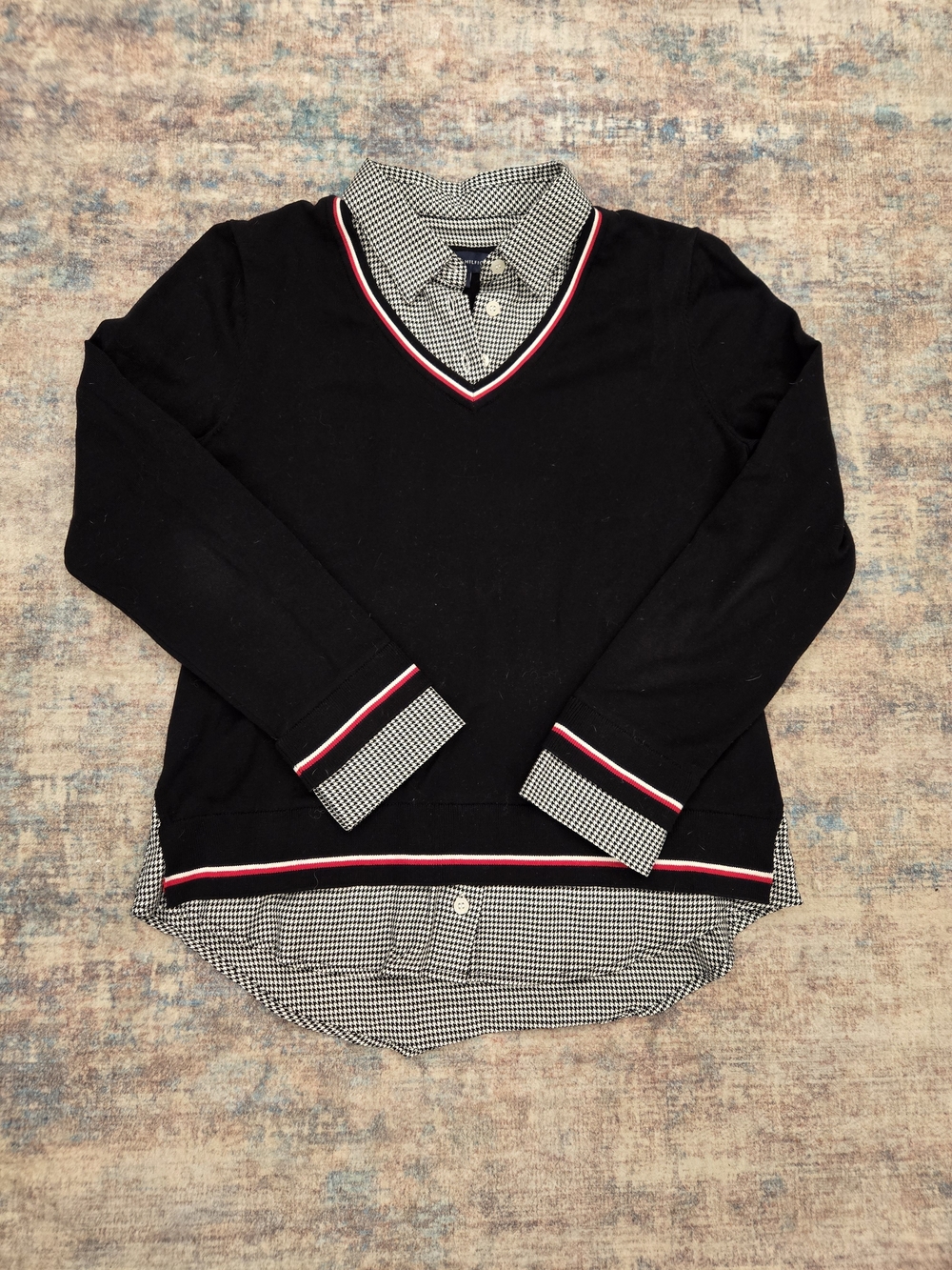Tommy Hilfiger Navy V-Neck Sweater with Red & White Trim